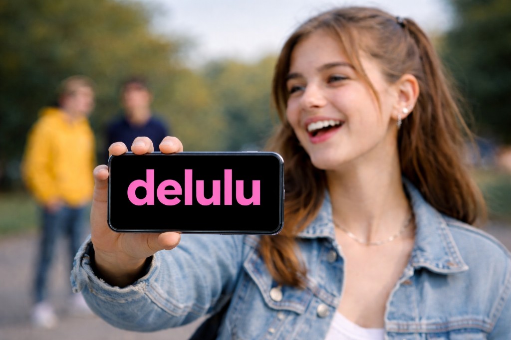 TalkTick app showing 'delulu' text on screen