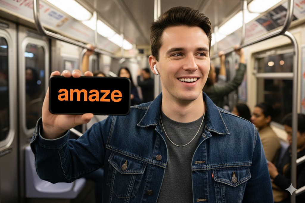 TalkTick app showing 'amaze' text on screen